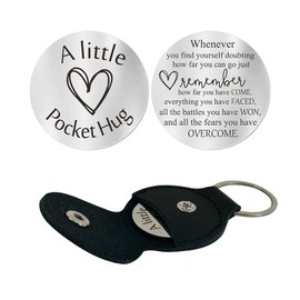 HHXFLY Pocket Hug,Inspiring Coin and Leather Keychain with Engraved Motivational Message,Long Distance Relationship Keepsake Stainless Steel Double Sided Encouragement Inspirational Gift