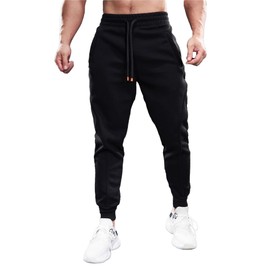 Fioboc Jogger for Men Casual -Cotton Drawstring Sweat Pants with Zipper Pockets Jogging Sweatpants Pants Black 2XL