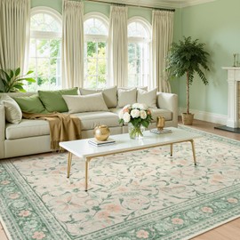 Beeiva Boho Washable 5x7 Area Rugs for Bedroom, Soft Living Room Green Rugs Non-Slip with Low-Pile, Butterfly Floral Ultra-Thin Carpet for Nursery Dining Room Bedroom Indoor Spaces (Green,5'x7')
