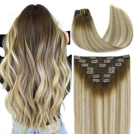 VINBAO Clip in Hair Extensions Real Human Hair 16inch 140g Hair Clip in Extensions for Women Dark Brown To Ash Brown Medium Blonde Silky Straight Human Hair Clip in Extensions (#7C3/8/22, 16'')