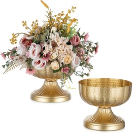 NUPTIO Jarrones dorados para centros de mesa de boda: Jarrones de compota de latón martillado para arreglos de flores pequeñas - Tazón de pedestal de metal para decoración de mesa y hogar, juego de 2