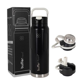 BUFFER FLASK Termo de Acero Inoxidable 710 ml – Botella Termica Antigoteo y Hermetica – Termo para Agua Fría 24h y Caliente 12h – Termos para Agua - Incluye Tapas - Negro - 24 Oz