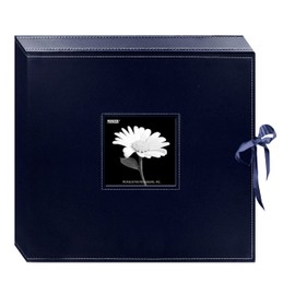 Pioneer Photo Albums Pioneer 12 Inch by 12 Inch 3-Ring Leatherette Inset Frame and Ribbon Closure Memory Book Box, Navy Blue