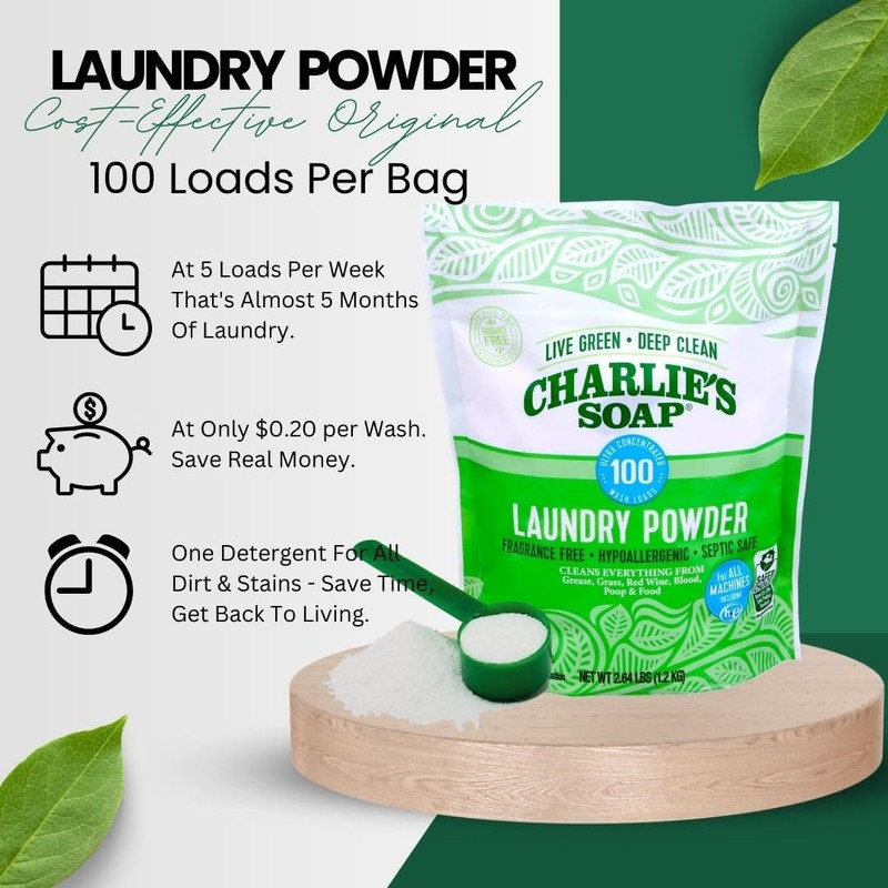Charlie’s Soap Laundry Powder (100 Loads, 2 Pack) Hypoallergenic Deep