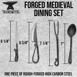 Ironsmith Co. Hand-Forged Medieval Dining Set | Includes High Carbon Steel Knife, Fork, Spoon And Skewer | Great for Costumes or Re-Enactments | Leather Storage Case Included