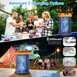 Rechargeable Solar Bug Zapper Outdoor & Indoor, Mosquito Fruit Fly Trap, Gnat Moths Catcher, 4200V Grid, USB Charging, 5000mAh Battery, Fit for Home, Kitchen, Backyard, Camping, Patio