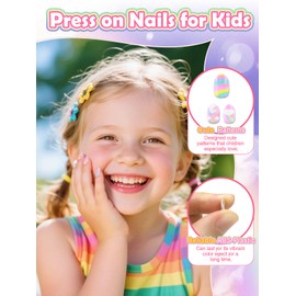 TOROKOM Kids Fake Nails with Nail Glue - 26 Pieces Press on Nails for Kids, Full Cover Short False Nails for Girls for Birthday, Party, Christmas (Rainbow)