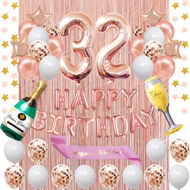 Fancypartyshop 32nd Birthday Decorations - Rose Gold Happy Birthday Banner and Sash with Number 32 Balloons Latex Confetti Balloons Ideal for Girl and Women 32 Years Old Birthday Rose Gold