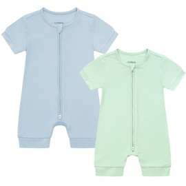 JunNeng Baby Boy 2 Pack Rayon of Bamboo Romper Sleeper Infant Soft Short Sleeve Jumpsuit Zipper Footless One-piece Coverall Blue+Light Green 6-12 Months