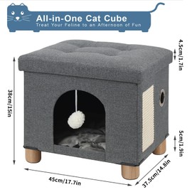 BRIAN & DANY Foldable Cat Bed for Indoor Cats, Large Cat Cube for Pet Cat House with Cat Scratch Board & Cat Ball, 17.7 x 14.8 x 15 inches, Grey