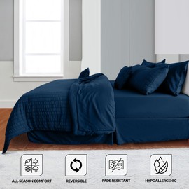 LUX Décor 10 Piece Comforter Set Queen (88X88), Seersucker Lightweight Comforter Set with Sheets, Bed in a Bag Bedding Set for All Seasons - Navy Blue
