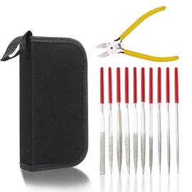 KALIM Diamond Needle File Set (10Pcs 150 Grit Precision Diamond Files) and 1 Diagonal Cutting Plier/Cutter in A Carry Bag, File Tools for Metal, Wood, Jewelry, Model, DIY, Hobby, etc.