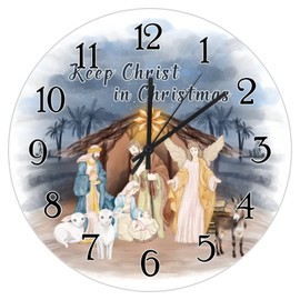 Jesus is The Reason Nativity Scene Wood Wall Clock Winter Christmas Round Clock Merry Christmas Christian Gift Wooden Clocks Battery Operated Silent Clocks for Living Room 12inch