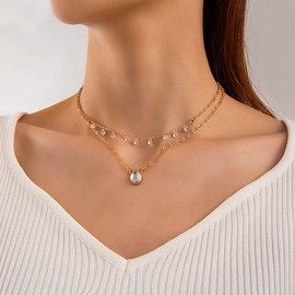 Allereya Boho Layered CZ Choker Necklace Gold Moonstone Pendant Necklace Rhinestone Dangle Necklace Moonstone Gemstone Necklace Jewellery for Women, Zinc