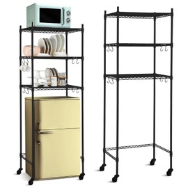 Tioncy 3 Tier Mini Fridge Shelf Microwave Stand Adjustable Fridge Storage Rack with Lockable Wheels and 8 Hook Multilayer Metal Shelving Organizer for Dorm Apartment Kitchen Office Bathroom(Black)