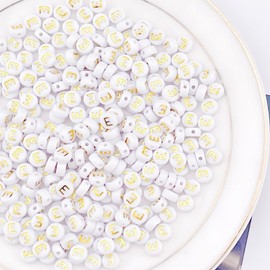 Sunrica 300Pcs Vowel Letter Beads E 4X7mm Single Round Gold Alphabet Beads for Bracelets Making