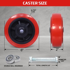 6 Inch Polyurethane Caster Wheels- Polyurethane on Polyolefin Core Wheel with Double Roller Bearing, Casters Set of 4 Heavy Duty with 4800 lbs Capacity, Use for Handling, Industrial Trolleys