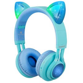 Riwbox Kids Headphones, CT-7S Cat Ear Bluetooth Headphones 85dB Volume Limiting,LED Light Up Kids Wireless Headphones Over Ear with Microphone for Tablet/Kindle/Laptop/PC/TV(Blue&Green)