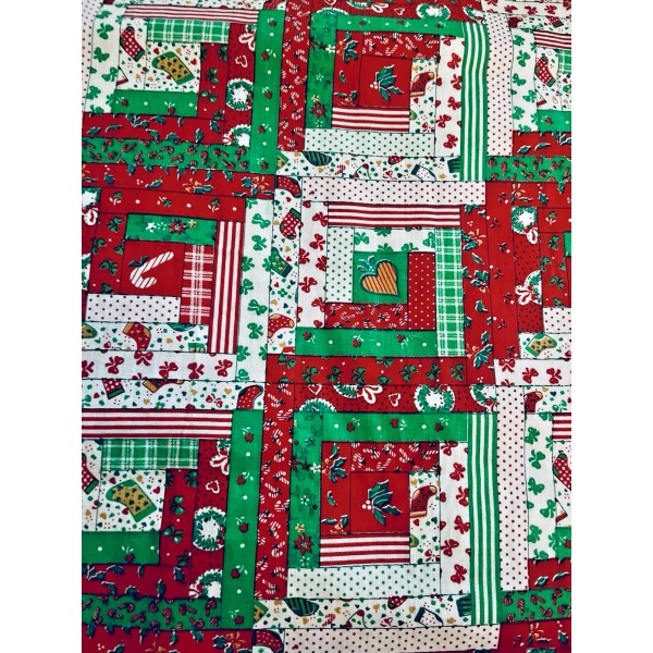 Unbranded VTG Patchwork Christmas Log Cabin Cheater Quilt Pattern Cotton