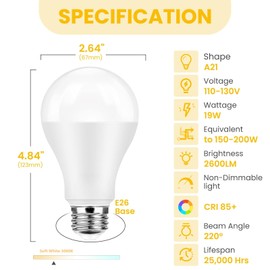 QQLXST Super Bright A21 LED Light Bulbs, 150 Watt 200 Watt Equivalent, Soft White 3000K, High Lumen 2600lm, E26 Base, Non-Dimmable, 19W Energy Saving Bright LED Bulbs for Home & Office, 2-Pack