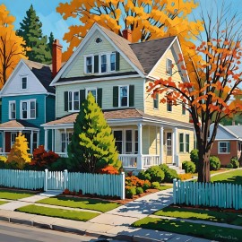 ACEO Art Card Neighborhood in the 1950's with 2 Story Homes with Pickett Fences