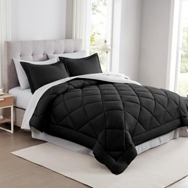 TRP 7 Piece Bed in Bag Set Down Alternative Comforter Cal.King Size Pretty Diamond Quilted Design | All Seasons Aesthetic Bedding Jet Black Color Soft Cozy Plush Shabby Chic Luxury Farmhouse Look