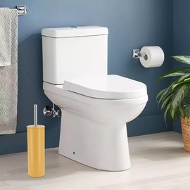 Mustard Yellow Metal Toilet Brush and Holder Set with Bamboo Lid, Modern Bathroom Accessory Set for Deep Cleaning, Compact Design, Durable Bristles, Easy Grip Handle, Splash Guard, Steel Finish