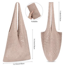 WantGor Crochet Bags, Beach Mesh Tote Bag Womens Shoulder Shopping Handbag Casual Travel Totes Bag Foldable Hobo Bags (Light Khaki)