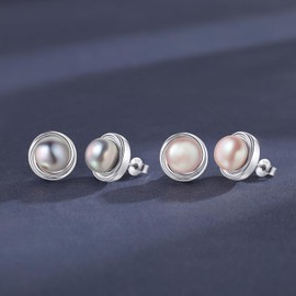 YAMI Purple Pearl Stud Earrings for Women, 925 Sterling Silver Pearl Studs Earrings, 8-8.5MM Cultured Freshwater Pearl, Hypoallergenic for Sensitive Ears, Mother Day Jewelry Gift