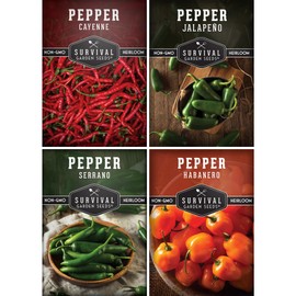 Hot Pepper Seeds Variety Pack for Planting | 4 Varieties: Jalapeno, Serrano, Cayenne & Habanero – Spicy Heirloom Chili Peppers for Hot Sauce & Salsa – Non-GMO – Survival Garden Seeds