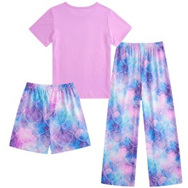 Kinberr Girls Pajamas Purple Short Sleeve Sleepwear Nightwear Outfit Kids Mermaid 3D Printed Graphic Pajamas Set for Dailywear