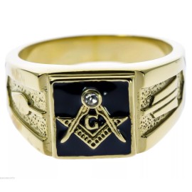 Masonic Mason men's CZ ring black enamel 14K yellow gold overlay size 14 T36