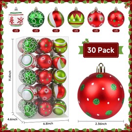 30PCS 2.36 Inch Christmas Ball Ornaments Glittering Red Green Ball Ornaments Elf Balls Swirl Candy Cane and Peppermint Hanging Ball Decor for Xmas Tree Party Decoration