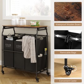 Hoctieon 3 Section Laundry Sorter Cart with Ironing Board, Laundry Hamper with Shelf and Rolling Wheels, Heavy Duty Laundry Basket Organizer, Large Laundry Separator Hamper with Removable Bags