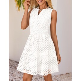 ZESICA Women's Summer Sleeveless Mini Dress V Neck Hollow Out Eyelet High Waist A Line Swing Short Party Dresses,White,Large