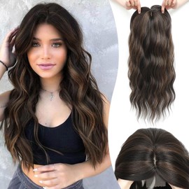 MORICHY Hair Toppers for Women 20inch Long Wavy Hair Toppers Hair Pieces for Women Synthetic Wiglets Hair Topper with Bangs Clip in Hair Toppers for Thinning Hair Chocolate Brown with Highlights