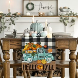 Artoid Mode Buffalo Plaid Truck Pumpkin Maple Leaf Hello Fall Table Runner, Seasonal Autumn Kitchen Dining Table Decor for Home Party 13x36 Inch