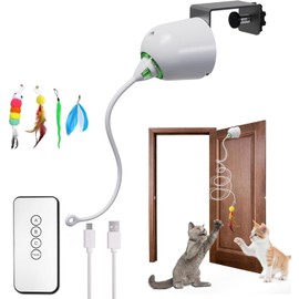 Scsuupoee Cat Toys Interactive for Indoor, Cats Toy Hanging Door Electric for Bored, Feather Toy Kitten Rechargeable Door Hanging Automatic String with 4pcs Feather Toys, White