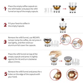 RECAPS Kit de herramientas de llenado compatible con cápsulas de café Vertuoline, relleno de cápsulas Vertuo, filtro de café recargable reutilizable (1 manipulador y 1 soporte y 30 tapas)
