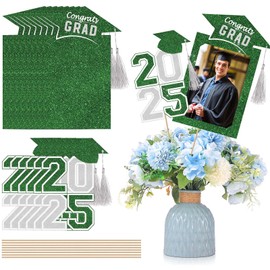 Amyhill 16pcs Graduation Decoration Class of 2025 Graduation Party Centerpieces Sticks for Tables Photo Table Toppers for High School College Party Decorations(Green and Silver)