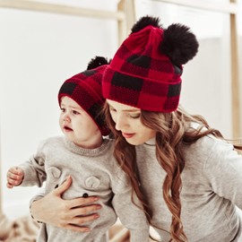 2PCS Christmas Plaid Parent-Child Hats Pom Pom Knitted Winter Beanie Santa Baby Hats Caps Soft Knit Wool Crochet Ski Cap (Mum B, Baby B)