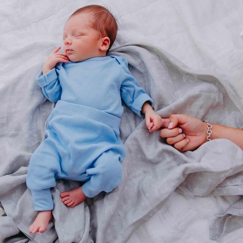 Organic Cotton Rib-Knit Baby Sleep Pants - Blue, 0-3 MTHS
