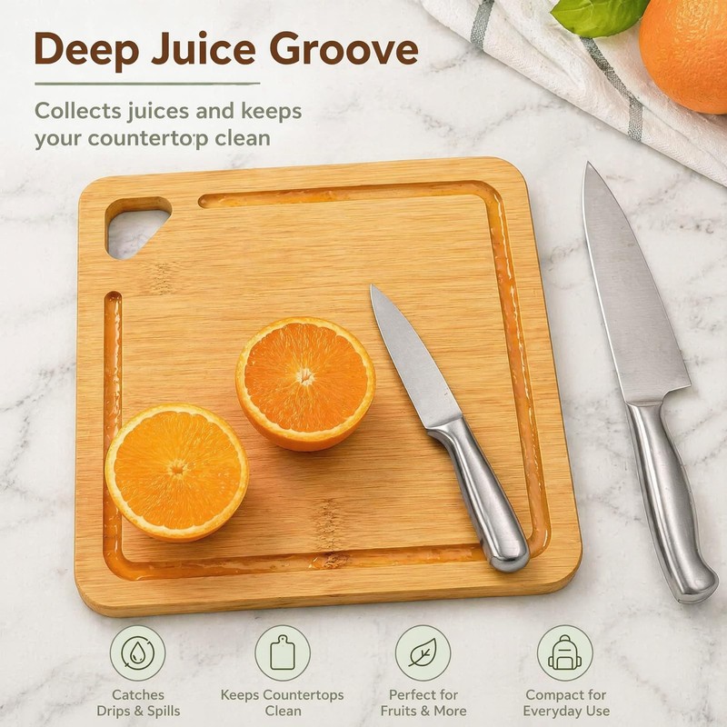 Square Bamboo Cutting Board with Juice Groove, Meat & Vegetable