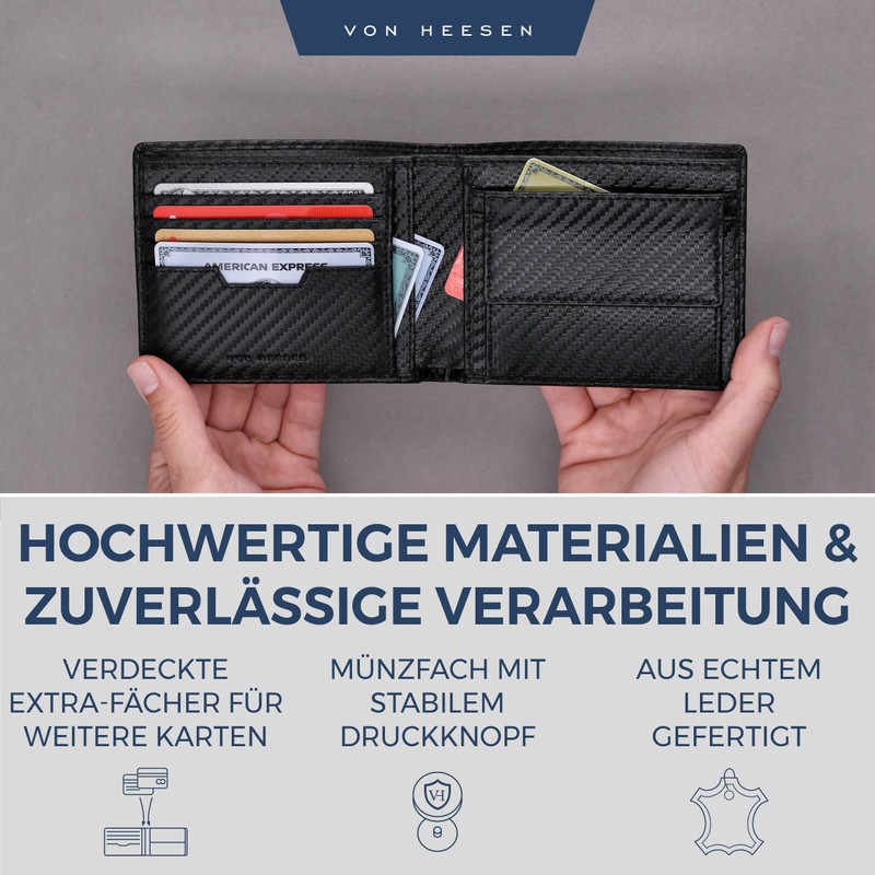 VON HEESEN Men's Leather Wallet with RFID Protection - Genuine