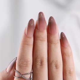 30 Pcs Brown Ombre Press on Nails Short Almond - SHANRUN Gradient French Tip Fake Nails Press ons Nail Art Tips Glue on Nails Full Cover Acrylic Gel X False Nails with Design Stick on Nails for Women