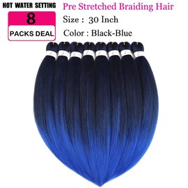 Pre stretched Braiding Hair 30 Inch 8 Packs Professional Hair Extensions Synthetic Braid Hair Crochet Braids Soft Yaki Texture Hot Water Setting(30",mixed black & blue)