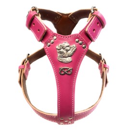 M&D Beautiful Staffy Deep Pink Leather Dog Harness Large with Staffordshire Bullterrier Head Motif & Knot (Brass Fittings)