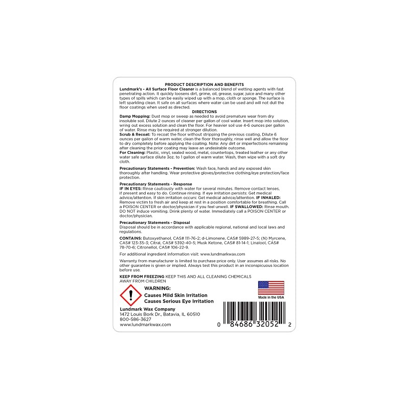 Lundmark All Surface Floor Cleaner, Concentrated Cleaner for Wax Floors,