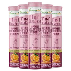 Vitaminnica Gluta Boost 11-in-1 Effervescent Tablets with Japanese L-Glutathione, Collagen, & Hyaluronic Acid | Skin Radiance & Beauty Supplement | 15 Tablets (Pack of 5, Orange)