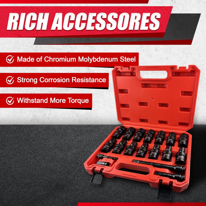 18PCS 1/2" Drive Shallow Universal Impact Socket Set,Swivel Socket Set,Metric